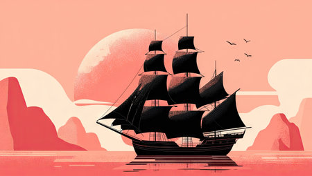 A stylized illustration presents a sailing ship with dark sails against a soft sunset. The composition uses simplified forms and a limited color palette, suggesting a tranquil ocean scene. It incorporates visual elements like birds and land formations, suitable for editorial use and design projects. The overall aesthetic is a blend of classic and modern styles.の素材