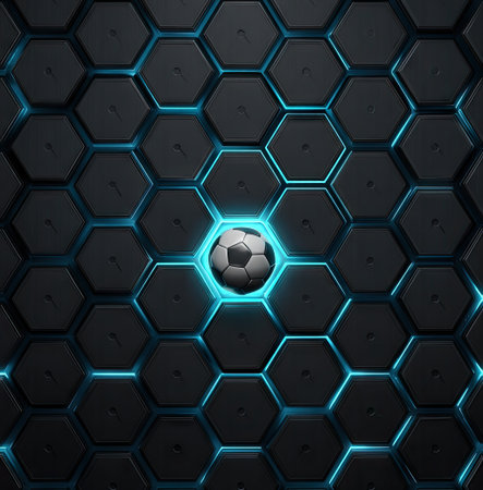 A soccer ball is positioned centrally within a hexagonal pattern. The background features a network of dark, textured cells outlined with a vibrant blue glow, suggesting a technological or digital aesthetic. This dynamic composition might be suitable for promotional materials, website design elements, or visual content related to sport.の素材