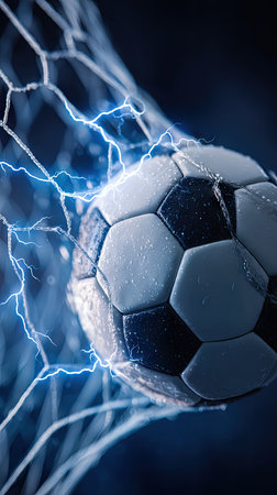 A soccer ball, black and white, bursts through a net surrounded by vibrant electric energy. The image displays a dynamic visual with a focus on motion and action. Cool tones of blue and white dominate, creating a dramatic effect. Suitable for sports-related projects, advertising, and thematic editorial use.の素材