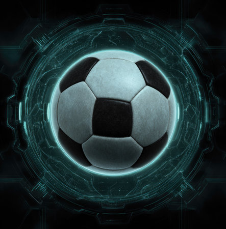 A soccer ball is centered against a digital, futuristic, glowing circular design. The visual elements include shades of gray and black for the ball, complemented by a bright teal or cyan colored light outline. This imagery could be suitable for various commercial purposes, including advertising.の素材