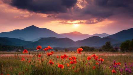 A picturesque mountain landscape showcases a field of bright red poppies in the foreground. The image features layers of blue mountains fading into the distance, with a fiery sunset illuminating the sky. This outdoor scene is characterized by natural light and could be suitable for various commercial or editorial purposes.の素材