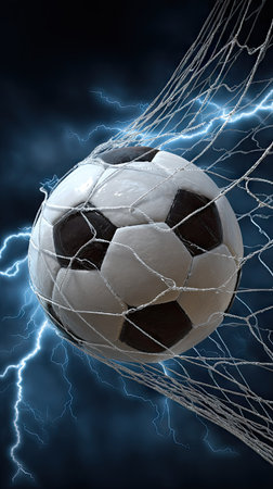 A soccer ball positioned inside a net is captured in a dynamic composition. The image displays a contrasting palette of black and white for the ball and net, with a background of blue and bright lightning bolts. This image could serve various commercial and editorial purposes.の素材