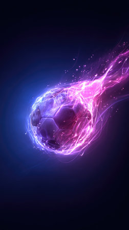 A digitally rendered soccer ball is engulfed in dynamic, glowing flames, rendered in hues of blue and magenta. The ball's polygonal design is visible within the fiery aura. The composition uses a dark background to emphasize the ball's energy and movement. This image can be used for illustrations or promotional media.の素材