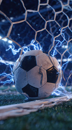 A soccer ball is positioned inside a goal net. The image features vibrant blue electric effects surrounding the ball. The composition is dynamically lit, suggesting a nighttime setting. This visual could be utilized in materials related to sports, competition, or digital art.の素材