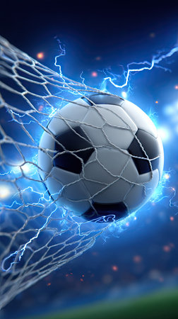 A soccer ball is captured mid-flight within a goal net. The composition emphasizes dynamic energy through electric blue effects. The image presents a digitally enhanced illustration, with focused lighting and textures, suitable for sports-related visual content. This imagery may be used for promotional materials and website design.の素材