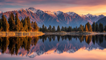 A stunning landscape features majestic mountains reflected in a serene lake. The image showcases vibrant colors, with golden hues of sunrise or sunset illuminating the scene. The composition highlights the natural beauty, suitable for various editorial or commercial applications that require visual storytelling.の素材