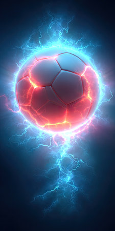 A soccer ball is the central subject, enveloped by vibrant electric energy against a dark backdrop. The image showcases dynamic blue and red colors. The style is digital, suggesting potential use for sports themes, futuristic designs, or technology-related visuals. The image would work well in commercial and editorial applications.の素材