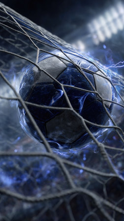 A soccer ball is positioned within a goal net, showcasing dynamic energy surrounding the ball. The image uses blue and white colors to convey the action, with electric effects. The composition has a cinematic look suggesting a stadium setting. This image can be utilized for various commercial and editorial projects related to sport.の素材