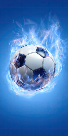 A soccer ball is depicted amidst stylized blue flames against a gradient blue backdrop. The composition features vivid colors and a dynamic, energetic feel. This image could be utilized in various sports-related commercial or editorial projects, showcasing themes such as power, speed, and competition.の素材