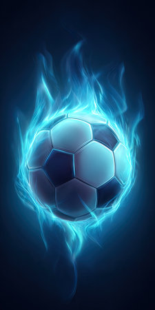 A soccer ball is depicted centrally, enveloped by stylized blue flames. The illustration showcases a dynamic composition with a dark background. The lighting is dramatic, emphasizing the contrast between the ball and the surrounding flames. The image could be used for various visual applications, including sports-related promotional material.の素材