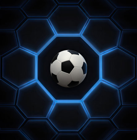 A soccer ball sits centered, enclosed by a hexagonal grid that emits a soft, neon-blue glow. The composition features high contrast between the ball and the dark, textured background. The image uses strong lighting and a modern design, suitable for various sports and design-related projects.の素材