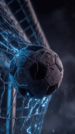 The image shows a soccer ball inside a goal net, with electric energy displayed around the ball and net. The composition is dynamic, and the lighting is dramatic with a dark background. Suitable for commercial usage, it could be used in advertisements, educational content, or design projects related to sports.の素材