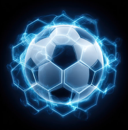 A soccer ball is the central subject, depicted with a glowing electric energy ring. The image features a dark background, highlighting the luminous blue energy. The visual style is digital art with smooth textures and high contrast. This image could be used for sports-related promotions or creative design projects.の素材