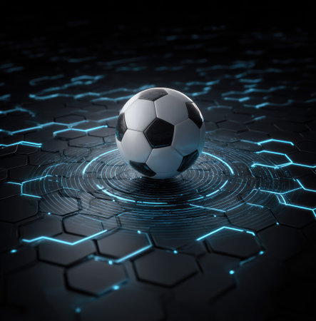 A soccer ball rests on a geometric surface with a honeycomb design. Bright blue neon lines illuminate the dark hexagonal structure. The composition suggests a futuristic environment, possibly related to technology or data visualization. This imagery could be suitable for various commercial applications, including sports, science, or design projects.の素材