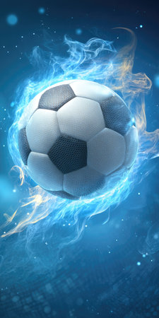 A soccer ball is depicted with a vibrant energy effect, creating a dynamic composition. The image features shades of blue and white with a glowing appearance. The artwork evokes movement and visual interest, suitable for diverse commercial and editorial applications such as sports or abstract content.の素材