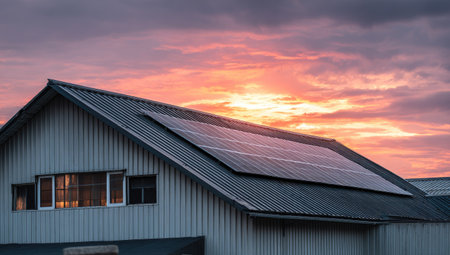 A rooftop installation of solar panels is featured against a dramatic sunset sky. The composition highlights the panels on a residential structure, reflecting the golden hour light. This image showcases energy solutions and could be used to illustrate themes related to sustainability or renewable power.の素材