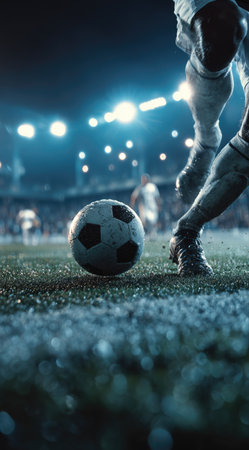 This image features a soccer player mid-kick on a green field. The photograph shows the player's legs and the ball in focus, set against a blurred stadium background. The scene is illuminated by bright spotlights, creating a dynamic composition. This image is suitable for various editorial and commercial purposes.の素材