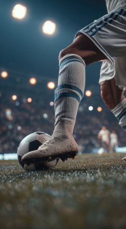 A close-up depicts a soccer player's foot controlling a soccer ball on a grassy field. The image shows a person in sports attire, showcasing a dynamic moment. The scene is bathed in stadium lighting, suggesting a professional sporting event. Suitable for editorial content, this image could be utilized for various media platforms.の素材