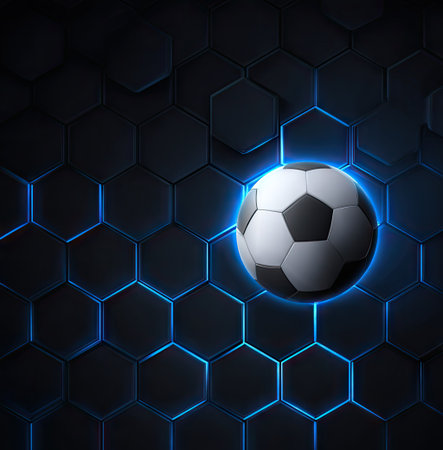 A soccer ball is centered against a dark, textured background. It features black and white panels with glowing blue outlines. The surrounding hexagons add depth and create a futuristic aesthetic, suggesting the scene is digitally created. This image can be used for sports-related themes and design elements.の素材