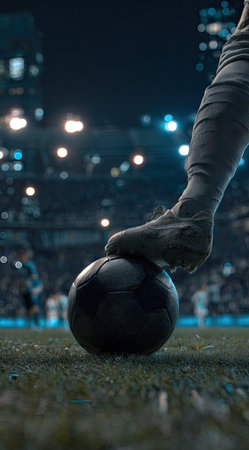 An athlete's foot is positioned above a soccer ball on a stadium field at night. The image highlights the player's leg, the ball, and the ground. The style features cool tones, creating a dramatic atmosphere with artificial lighting. This could be useful for sports publications or commercial campaigns.の素材