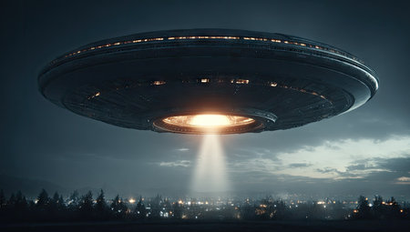 An unidentified flying object hovers above a city at night, emitting a bright beam of light. The image displays a futuristic, digitally created scene, with a dark, cloudy sky and a silhouetted cityscape. This visual could be suitable for various science fiction or conceptual projects and uses.の素材