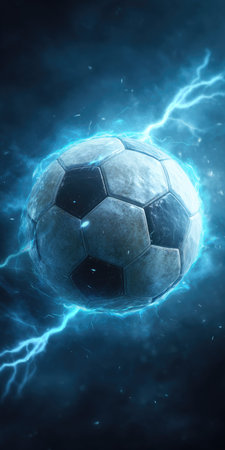 A soccer ball is the focal point, encircled by vibrant electric blue lightning. The composition features a dark, moody background, enhancing the visual impact. The image showcases a dynamic, energetic theme, ideal for sports, technology, or conceptual projects. It is suitable for various commercial applications.の素材