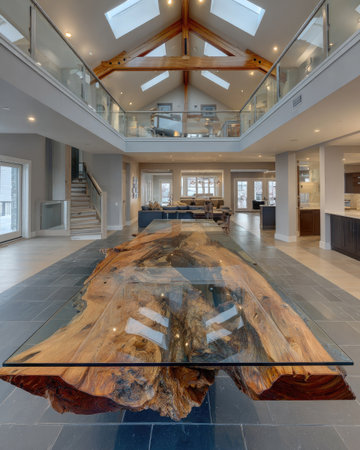 The interior showcases a large wooden table with a glass surface in a modern setting. Natural light streams through skylights and illuminates the space. The composition features a balcony with glass railings. The image could be used for interior design or architectural purposes.の素材