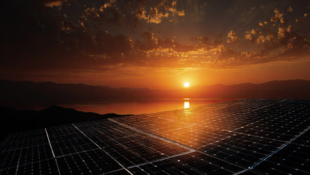 A scenic view showcases solar panels installed near a body of water, reflecting the warm hues of a sunset. The composition highlights the panels' geometric patterns against the natural elements. This image emphasizes renewable energy sources and may be suitable for illustrating concepts of environmental consciousness and clean energy.の素材