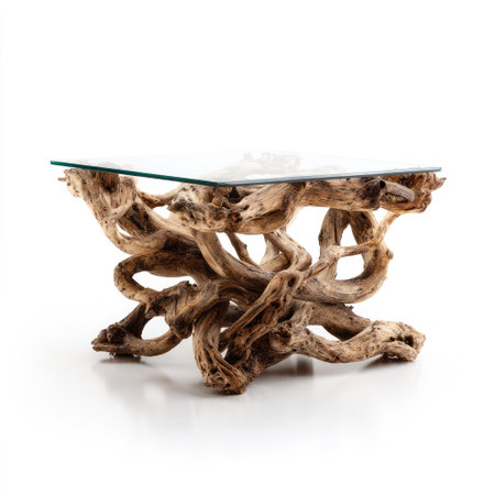 An artistic coffee table features a glass top supported by intricately intertwined wooden roots. The natural wood tones create a warm contrast against the clean, white background. This design suggests an organic style, and the isolated image could be suitable for various design or lifestyle projects.の素材