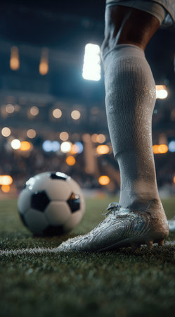 A soccer player's leg and foot are shown positioned to kick a ball on a grass field. The image displays a shallow depth of field, highlighting the action. The background features out-of-focus lights suggestive of a stadium at night. This visual is well-suited for sports-related articles and promotional materials.の素材