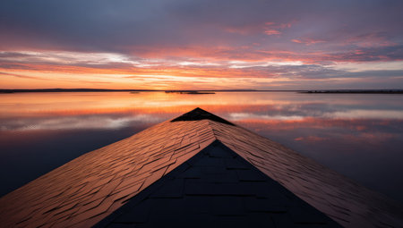 An image captures a vibrant sunset casting warm hues across a tranquil body of water. The composition features a wooden structure extending into the water, its surface mirroring the colorful sky. Soft lighting and a smooth texture characterize the scene, evoking a sense of peace. Ideal for nature and travel themes.の素材