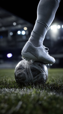 A close-up shows a player's foot in a soccer shoe stepping on a soccer ball, illuminated by stadium lights. The composition features grass and stadium seating in the background. The image likely lends itself to sports publications, advertising, or content related to competition and athletic events.の素材