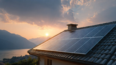 Solar panels are installed on a roof, harnessing sunlight. The composition shows a house with the panels reflecting the warm hues of a sunset. The image suggests a sustainable energy source, with possible uses in environmental, technological, or residential contexts.の素材