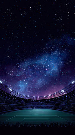 An artistic illustration depicts a soccer stadium with the field and goalposts visible beneath a vibrant, starry night sky. The composition features cool tones, with the stadium lighting providing a warm contrast. The image may be suitable for advertising or editorial purposes related to sports or fantasy.の素材