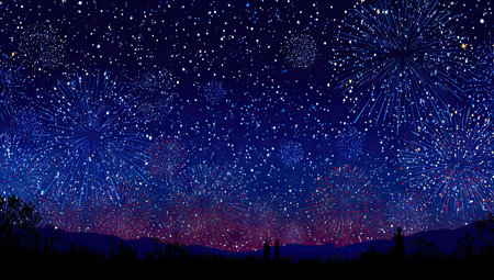This image showcases a vibrant display of fireworks against a deep blue night sky. The composition includes silhouetted figures and a landscape element at the bottom. The scene is illuminated by bursts of color, suggesting a festive or celebratory occasion. It is suitable for a variety of commercial and editorial uses.の素材