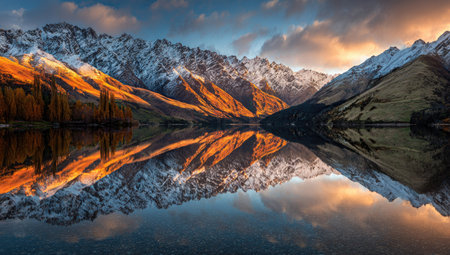 The image presents a scenic mountain range with snow-covered peaks reflecting perfectly in the tranquil lake. Warm, golden sunlight illuminates the rugged landscape, creating a visually striking scene. The composition and lighting evoke a sense of serenity, suitable for commercial and editorial purposes.の素材
