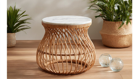 A round side table crafted from natural rattan and featuring a white marble top is presented. The table's open weave design, light brown color, and smooth surface contrast with the potted greenery. The setting appears to be indoors, suggesting interior design concepts or lifestyle imagery suitable for various commercial applications.の素材