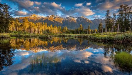 A serene landscape showcases a calm lake mirroring the surrounding trees and distant mountains. Golden sunlight bathes the scene, highlighting the textures of the trees and the sky's dramatic clouds. The composition offers a sense of peace, ideal for various commercial and editorial projects needing a scenic vista.の素材