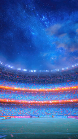 This image depicts a stadium filled with spectators under a night sky. The stadium features rows of seats, vibrant lighting, and a green field. It is a digital rendering with a focus on color and composition. Ideal for editorial content and visual projects.の素材