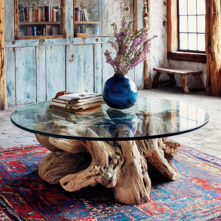 A round glass-topped coffee table with a sculpted wood base is the centerpiece. A blue vase holds purple flowers and a stack of books are visible. The composition includes a patterned rug, a light blue wall, and natural wood elements, suitable for various design projects and editorial use.の素材