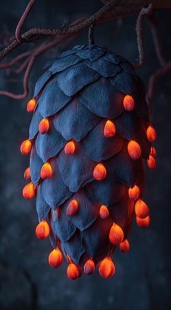 A close-up showcases a stylized pine cone illuminated with glowing orange lights. The textured surface of the cone contrasts with the bright, warm highlights. The image employs a dark, moody aesthetic, with blurred branches in the background. Suitable for decorative designs, holiday-themed content, or digital art projects.の素材