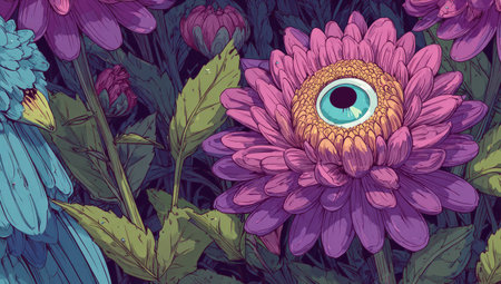A detailed illustration depicts a surreal flower with an eye at its center amidst other stylized blooms. The artwork presents vivid colors and intricate textures within a dark, mysterious environment. This image's whimsical and imaginative qualities make it suitable for various artistic projects, designs, and conceptual applications.の素材