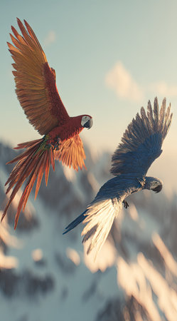 Two parrots soar gracefully against a backdrop of snow-capped mountains and a blue sky. The composition features the birds with orange and blue plumage, captured in a moment of flight. The image is likely suitable for commercial applications, offering visual appeal for various design projects and editorial content.の素材