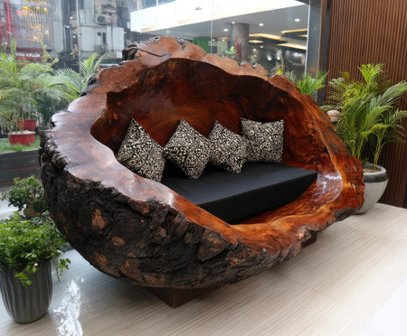 A large, eye-catching wooden sofa dominates the indoor space. The piece is sculpted from a dark-toned wood, featuring a hollowed-out form. Inside are black cushions adorned with patterned pillows. The scene is lit by bright, natural light, suggesting potential uses for interior design projects or lifestyle editorials.の素材