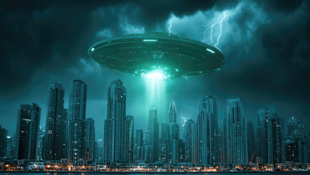 An unidentified flying object hovers above a city skyline during a stormy night. The image displays a dramatic contrast with bright beams of light emanating from the object. The style suggests a science fiction theme with dark, moody tones and dynamic composition. This image could be used for editorial content or commercial projects.の素材