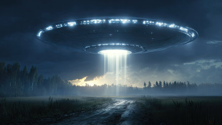A digitally enhanced image depicts a UFO hovering over a field at night. The craft emits a bright light beam, illuminating the area below. The composition features a dramatic sky, trees, and a road, suggesting a rural setting. This image could be used for various commercial or editorial purposes.の素材