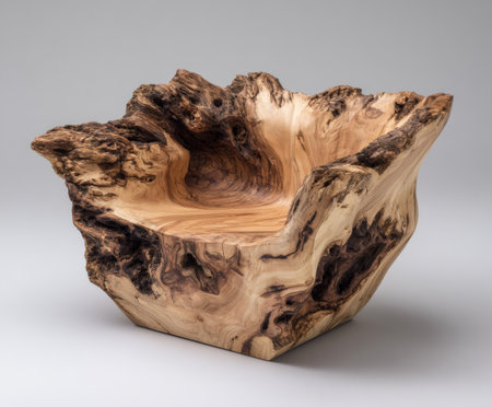 This image presents a handcrafted wooden bowl with a rough, natural exterior and a smooth interior. The bowl features intricate wood grain patterns, varying shades of brown, and organic textures. The composition highlights the bowl against a simple background, suggesting potential use in design, craft, or decorative projects. It's suitable for both commercial and editorial applications.の素材