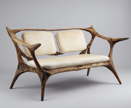 A distinctive wooden sofa features a sculptural design with natural textures and off-white cushions. The studio shot showcases the furniture's organic forms. The lighting highlights the details of the wooden frame. Suitable for commercial and editorial uses, the image presents a piece of refined craftsmanship.の素材