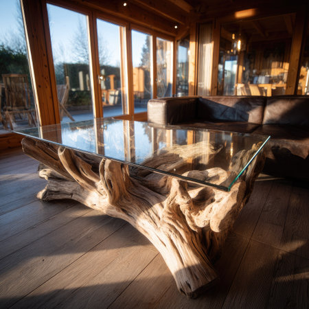 A striking coffee table crafted from driftwood takes center stage in this interior shot. The table features a glass top, allowing a clear view of the intricate wood grain and texture. The warm tones of the wood contrast with the surrounding light-filled space, suggesting a modern, natural aesthetic, suitable for various commercial applications.の素材