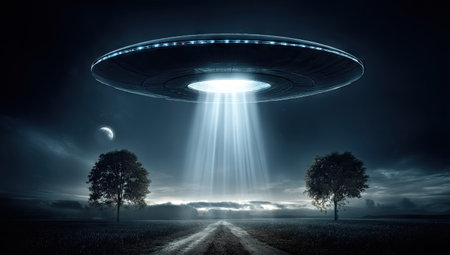 A digitally created scene shows a UFO emitting a bright light beam downwards. The image features a night setting with two trees and a road leading towards the horizon. The composition utilizes dramatic lighting effects to create a sense of mystery. Suitable for various illustrative purposes.の素材